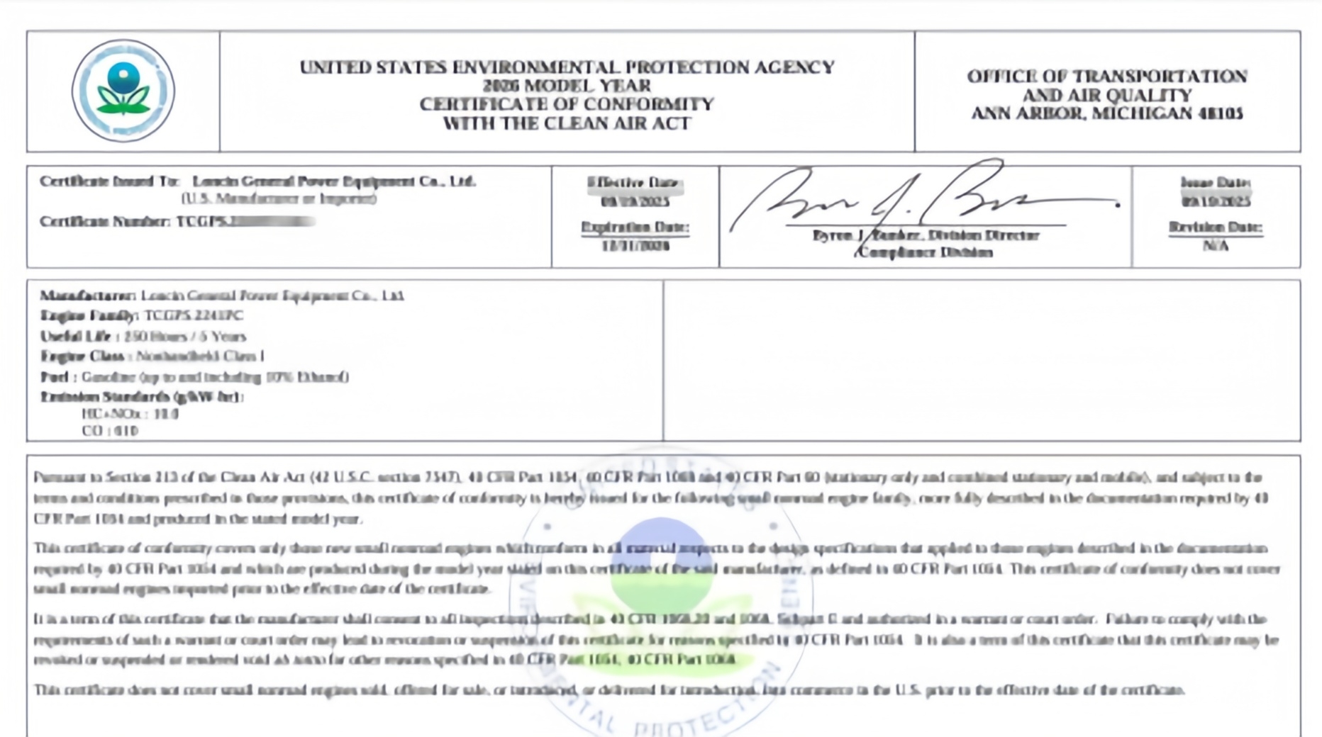 Environmental Protection Certificate